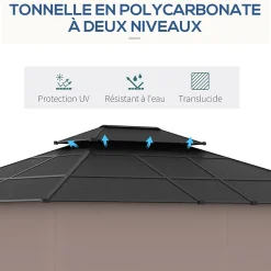 Pavillon de jardin tonnelle rigide dim. 3,6L x 3l x 2,78H m rideaux latéraux anti-UV structure gris toit polycarbonate noir