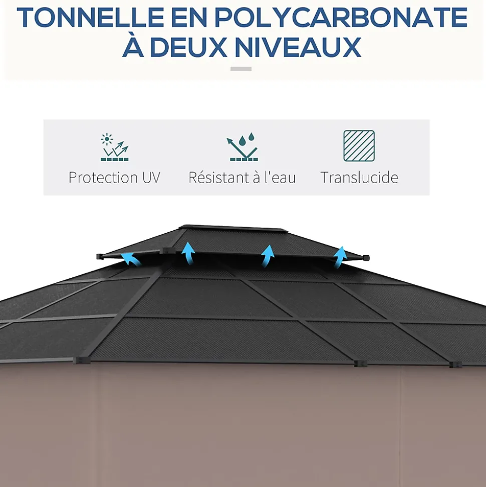 Pavillon de jardin tonnelle rigide dim. 3,6L x 3l x 2,78H m rideaux latéraux anti-UV structure gris toit polycarbonate noir