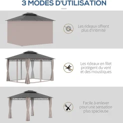 Pavillon de jardin tonnelle rigide dim. 3,6L x 3l x 2,78H m rideaux latéraux anti-UV structure gris toit polycarbonate noir