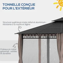 Pavillon de jardin tonnelle rigide dim. 3,6L x 3l x 2,78H m rideaux latéraux anti-UV structure gris toit polycarbonate noir