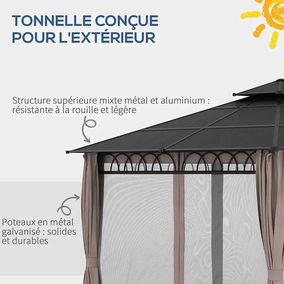Pavillon de jardin tonnelle rigide dim. 3,6L x 3l x 2,78H m rideaux latéraux anti-UV structure gris toit polycarbonate noir