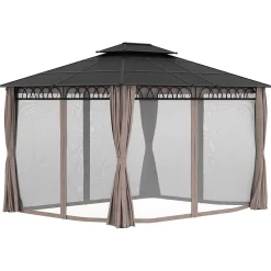 Pavillon de jardin tonnelle rigide dim. 3,6L x 3l x 2,78H m rideaux latéraux anti-UV structure gris toit polycarbonate noir