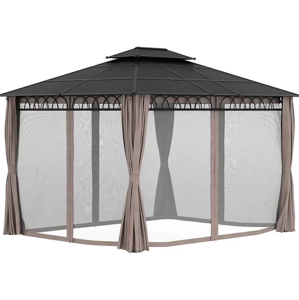 Pavillon de jardin tonnelle rigide dim. 3,6L x 3l x 2,78H m rideaux latéraux anti-UV structure gris toit polycarbonate noir