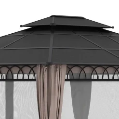 Pavillon de jardin tonnelle rigide dim. 3,6L x 3l x 2,78H m rideaux latéraux anti-UV structure gris toit polycarbonate noir