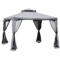 Pavillon de jardin tonnelle barnum style colonial double toit toiles moustiquaires amovibles zippées gris