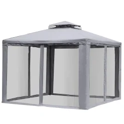 Pavillon de jardin tonnelle barnum style colonial double toit toiles moustiquaires amovibles zippées gris