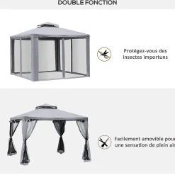 Pavillon de jardin tonnelle barnum style colonial double toit toiles moustiquaires amovibles zippées gris