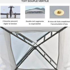 Pavillon de jardin tonnelle barnum style colonial double toit toiles moustiquaires amovibles zippées gris
