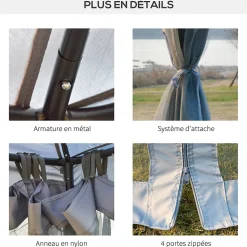 Pavillon de jardin tonnelle barnum style colonial double toit toiles moustiquaires amovibles zippées gris