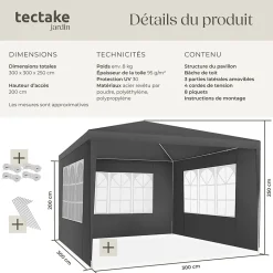 Pavillon imperméable 3x3m avec 3 parois latérales amovibles gris