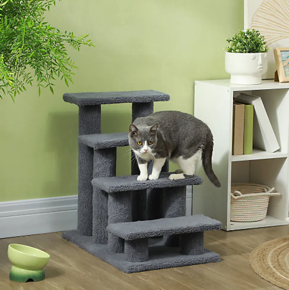 PawHut escalier animaux 4 marches avec revêtement peluche 63x43x60 cm pour chats et petits chiens