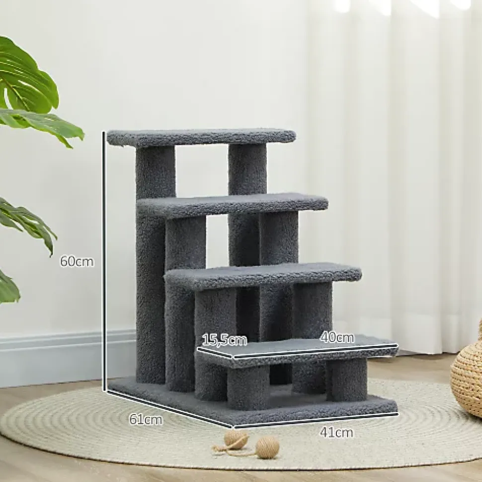 PawHut escalier animaux 4 marches avec revêtement peluche 63x43x60 cm pour chats et petits chiens