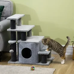 PawHut escalier pour chat 3 ou 4 marches avec niche et balle suspendue revêtement peluche