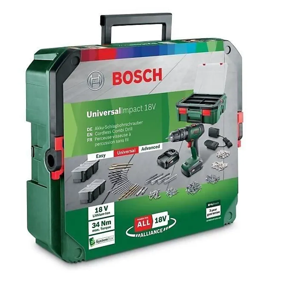 Perceuse visseuse Bosch UniversalDrill 18 2 batteries 1,5Ah + SystemBox + 241 accessoires
