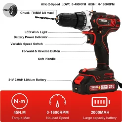 Perceuse Visseuse Sans Fil 21V Pour Batterie Makita 2x2.0Ah Batteries,45 Nm Visseuse Devisseuse Sans Fil,25+1 Réglages de Couple,2