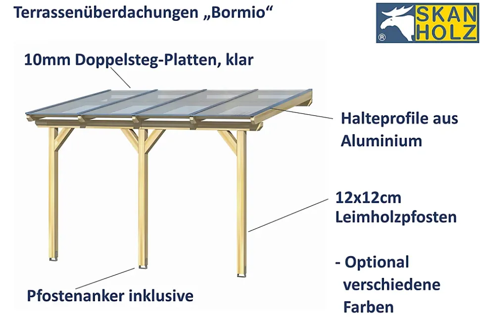 Pergola adossée SKAN HOLZ Bormio 434x300cm, bois lamellé-collé, non traité