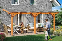 Pergola adossée SKAN HOLZ Bormio 541x250cm, bois lamellé-collé, traitement coloré chêne clair