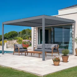 Pergola bioclimatique adossée PIANA 4x3m aluminium gris - Lames orientables