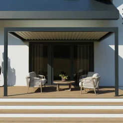 Pergola bioclimatique adossée motorisée Salto Alumin'home aluminium gris foncé RAL 7016 - 4 x 3 m avec LED intégrés