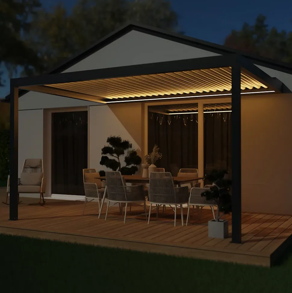 Pergola bioclimatique adossée motorisée Salto Alumin'home aluminium gris foncé RAL 7016 - 4 x 3 m avec LED intégrés