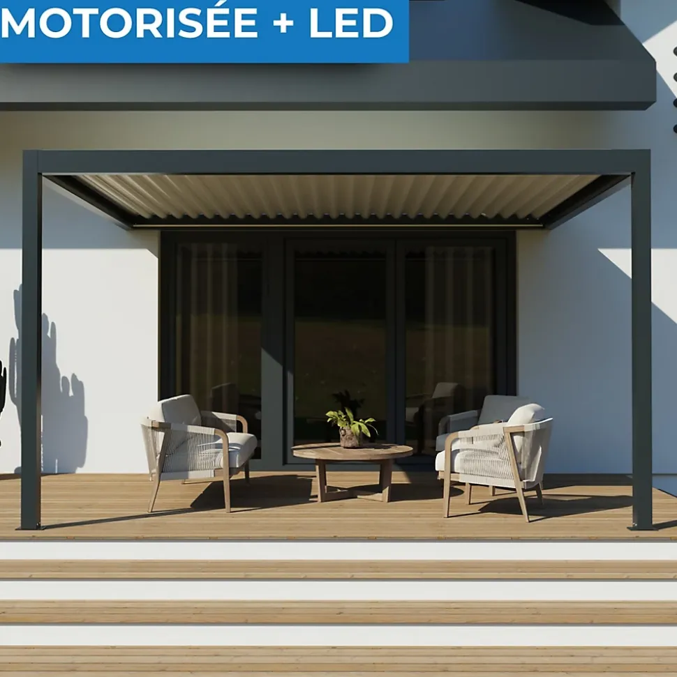 Pergola bioclimatique adossée motorisée Salto Alumin'home aluminium gris foncé RAL 7016 - 4 x 3 m avec LED intégrés