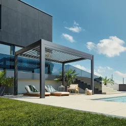 Pergola bioclimatique autoportée aluminium gris métallique toit en argent Biohort 3 x 3 m