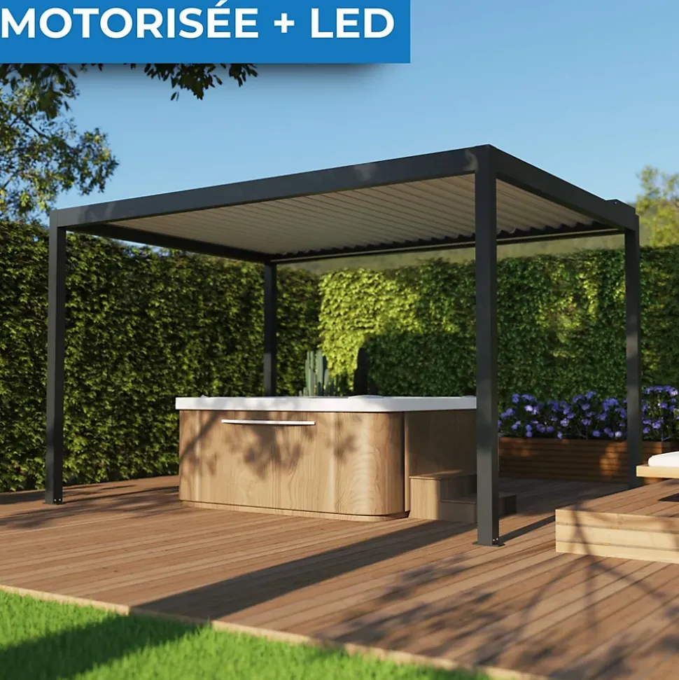 Pergola bioclimatique autoportante motorisée Salto Alumin'home aluminium gris foncé RAL 7016 - 4 x 3 m avec LED intégrés