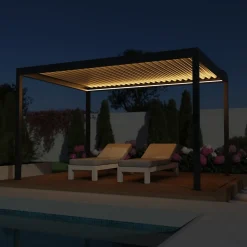 Pergola bioclimatique autoportante motorisée Salto Alumin'home aluminium gris foncé RAL 7016 - 4 x 3 m avec LED intégrés