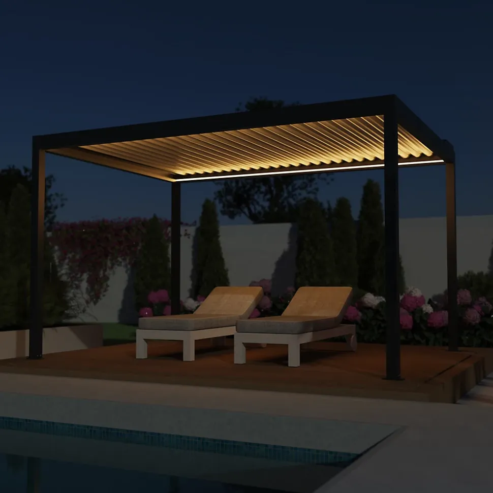 Pergola bioclimatique autoportante motorisée Salto Alumin'home aluminium gris foncé RAL 7016 - 4 x 3 m avec LED intégrés