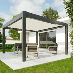 Pergola bioclimatique autoportante motorisée aluminium 4ALU Vali 4 x 4 m gris anthracite 7016 lames blanches avec LED
