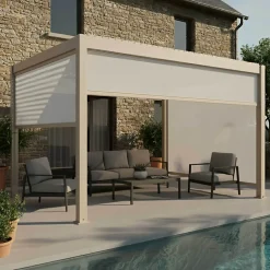 Pergola bioclimatique autoportée motorisée éclairée 3 x 4m et 3 stores Oviala