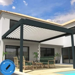 Pergola Bioclimatique COCOON XL perpendiculaire Mixte Gris anthracite / Blanc 5,490x4,50m LED 3 cotés - Ouverture anti-horaire