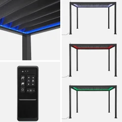 Pergola bioclimatique électrique 3x4m. aluminium. à lames orientables avec éclairage LED + store 3m