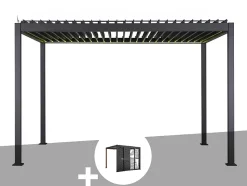 Pergola bioclimatique électrique Evora Graphite - 4 x 3 m + Persiennes coulissantes côté 3 m - Hespéride