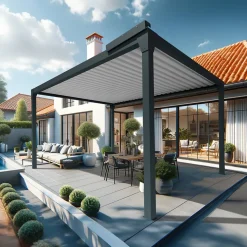 Pergola bioclimatique LUFU îlot - 3,50 x 3,99m Vérin à Télécommande (Gris anthracite / Blanc)