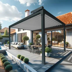 Pergola bioclimatique LUFU îlot - 3,50 x 3,99m Vérin à Télécommande (Gris anthracite / Blanc)
