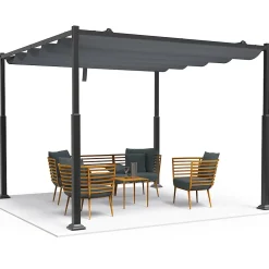 Pergola retractable 3x3m en metal et toile Polyester haute densite 180g/m2 gris VOUNOT