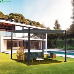 Pergola retractable 3x3m en metal et toile Polyester haute densite 180g/m2 gris VOUNOT