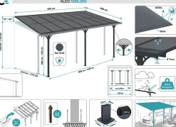Pergola/Carport adossé 15m² KLEO 5x3m aluminium gris