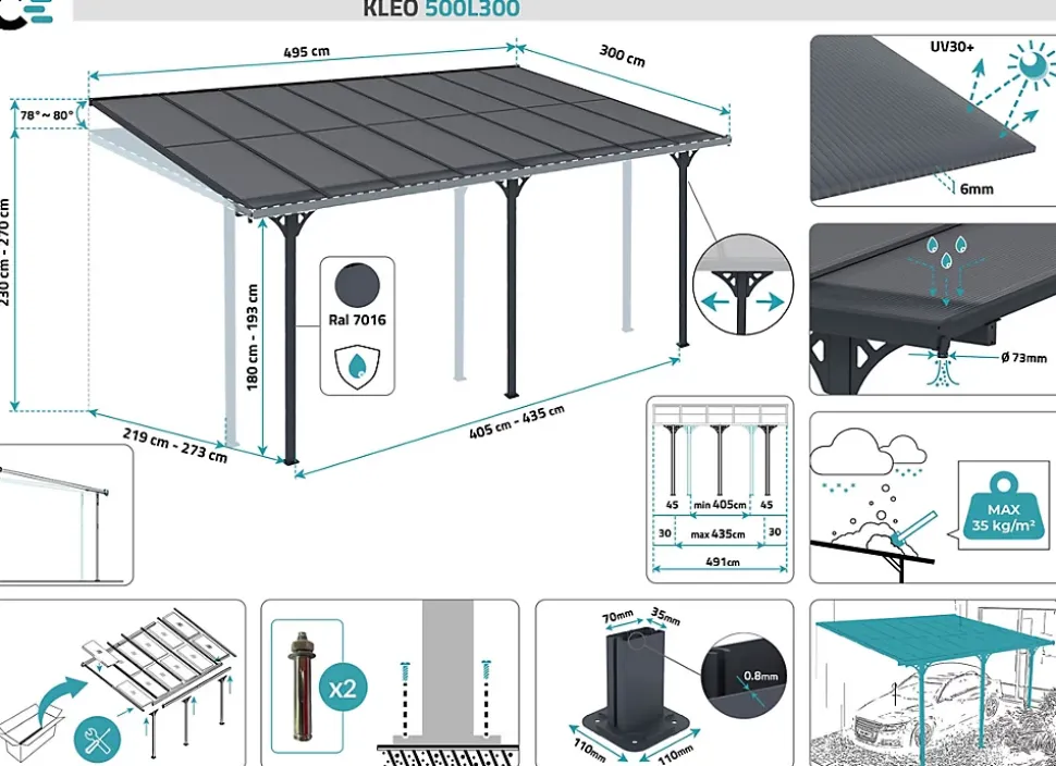Pergola/Carport adossé 15m² KLEO 5x3m aluminium gris