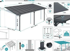 Pergola/Carport adossé 16,5m² KLEO 5,5x3m aluminium gris