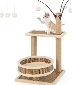 Petit Abre à Chat 79cm Arbre à Chat avec Tapis en Rotin Balle Suspendue Maison de Jeu