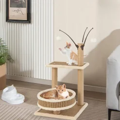 Petit Abre à Chat 79cm Arbre à Chat avec Tapis en Rotin Balle Suspendue Maison de Jeu