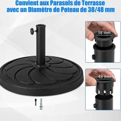 Pied de Parasol de Jardin 38 48mm Support de Parasol Étanche 54cm en Résine & Tube en Métal Base de Parasol Lestée de 18KG