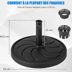 Pied de Parasol de Jardin 38 48mm Support de Parasol Étanche 54cm en Résine & Tube en Métal Base de Parasol Lestée de 18KG
