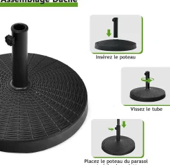 Pied de Parasol de Jardin Exterieur 38/48 mm Support de Parasol en Résine Antique avec Tube en Métal Bouton Rotatif Manuel Noir