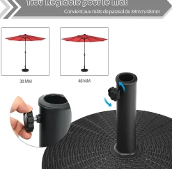 Pied de Parasol de Jardin Exterieur 38/48 mm Support de Parasol en Résine Antique avec Tube en Métal Bouton Rotatif Manuel Noir