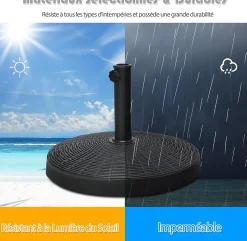 Pied de Parasol de Jardin Exterieur 38/48 mm Support de Parasol en Résine Antique avec Tube en Métal Bouton Rotatif Manuel Noir