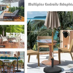 Pied de Parasol de Jardin Exterieur 38/48 mm Support de Parasol en Résine Antique avec Tube en Métal Bouton Rotatif Manuel Noir