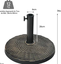 Pied de Parasol Lourd en Résine Antique Base de Parasol Ronde Porte parasol pour Parasol de 38 mm et 48 mm